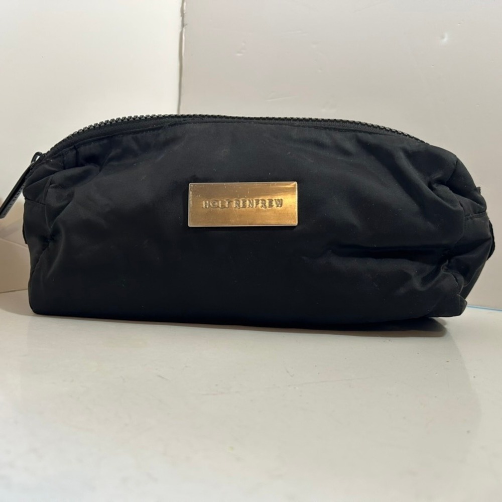 Holt Renfrew Black Nylon Cosmetic Bag Pink Monogram Lining Makeup Pouch Travel